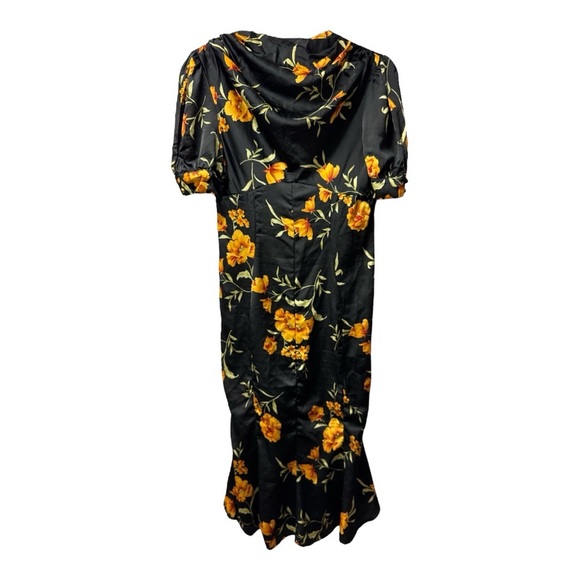 PrettyLittleThing Black Floral Midi Dress Size 6 Puff Sleeve Draped Neck - Picture 2 of 9